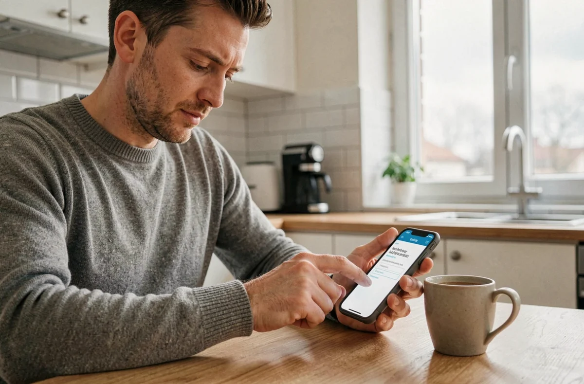 Homme consultant l'application Urssaf via FranceConnect sur smartphone dans une cuisine moderne