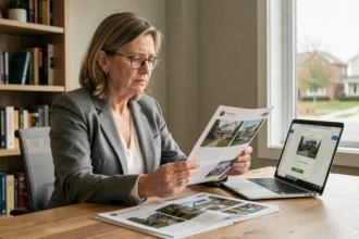 Acheteuse immobilière comparant une brochure photo avec une annonce en ligne pour vérifier la conformité des photos non contractuelles