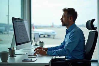 Agent de compagnie aérienne au bureau avec ordinateur moderne