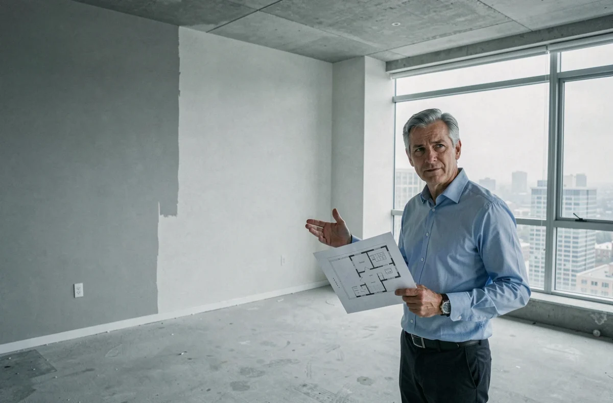Agent immobilier présentant un appartement dont les caractéristiques diffèrent des photos de l'annonce, illustrant le caractère non contractuel des visuels