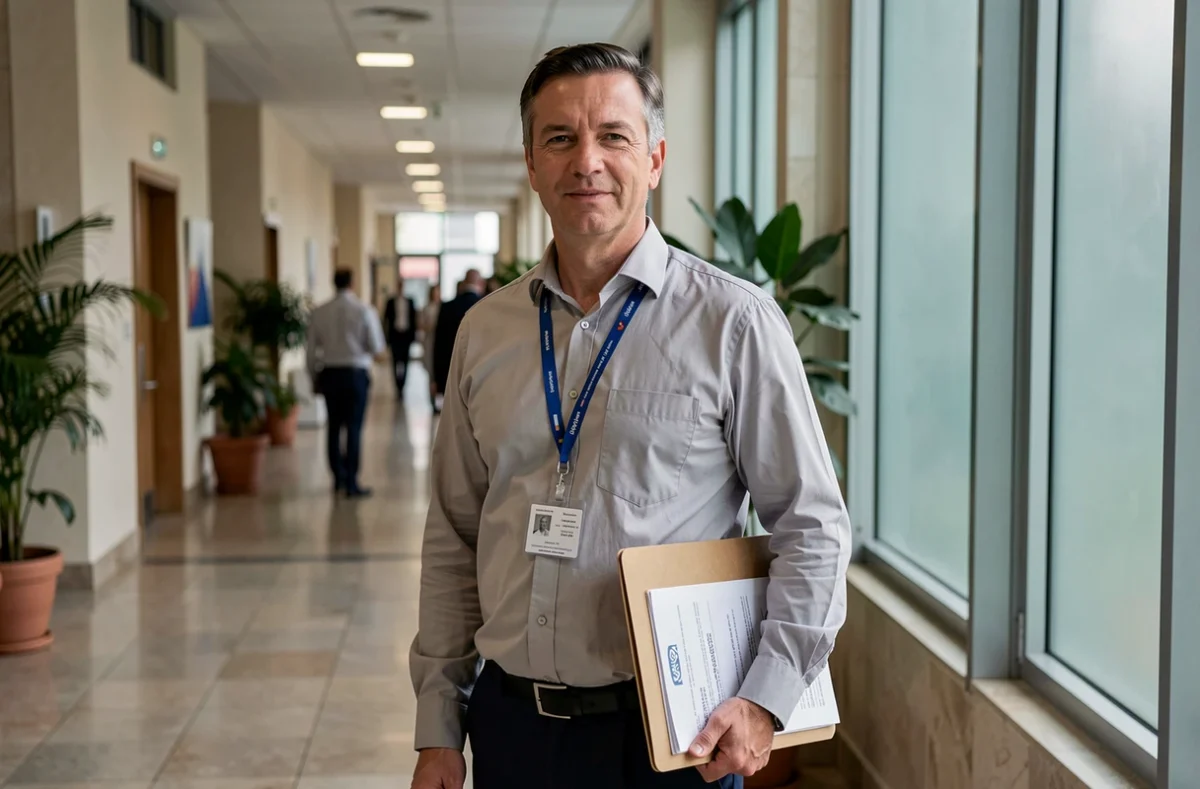 Agent territorial de catégorie A dans le couloir d'un conseil régional avec des documents administratifs
