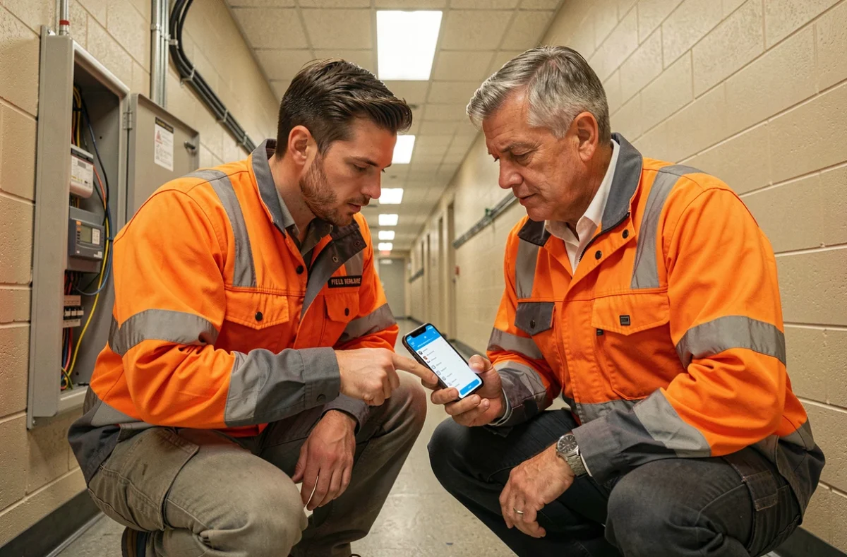 Deux agents de maintenance consultant une application de gestion d'interventions sur smartphone dans un couloir industriel