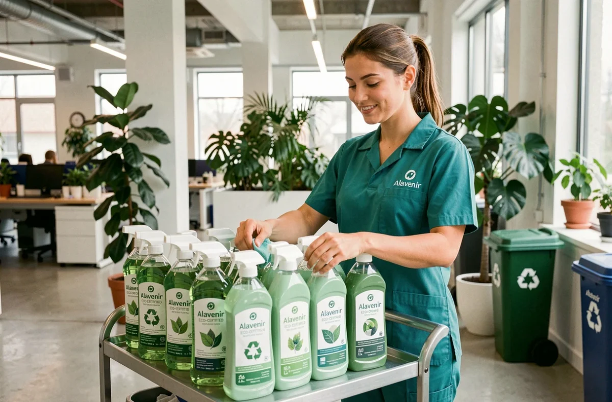 Agente Alavenir Clean préparant ses produits écoresponsables sur un chariot de nettoyage dans un bureau ouvert