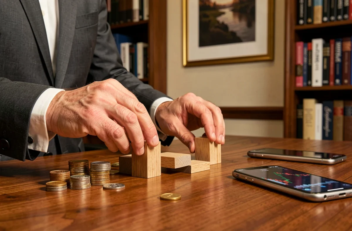 Gros plan sur des mains d'entrepreneur organisant des blocs et des pièces pour illustrer l'allocation d'un portefeuille d'investissement sans bloquer la trésorerie