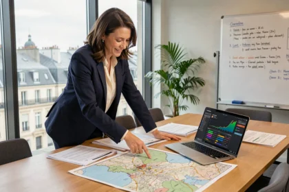 Femme d'affaires analysant des cartes territoriales et des données d'implantation d'entreprise en salle de réunion avec vue sur la ville