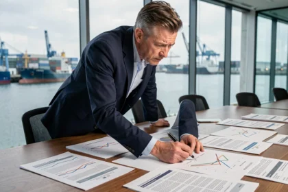 Analyste de l'industrie nautique étudiant des rapports de risques et de pénuries de matières premières dans un bureau avec vue sur un port commercial