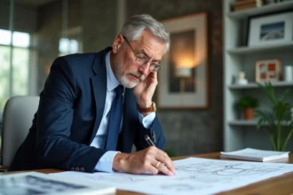 Homme d'affaires en costume bleu étudiant des plans architecturaux