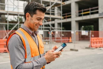 Artisan du bâtiment consultant l'application Proxichantier sur son smartphone devant un chantier de construction