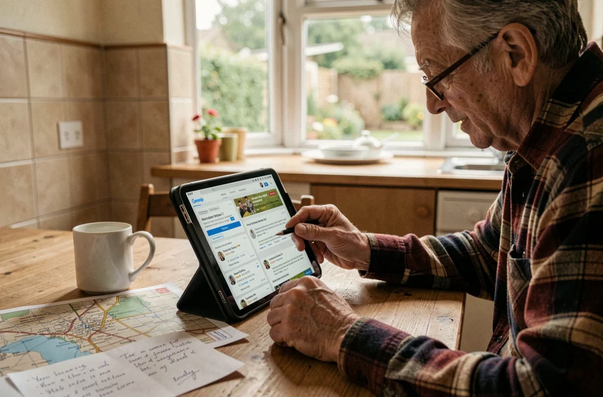 Artisan lisant des avis clients sur tablette pour trouver un chantier via ProxiChantier