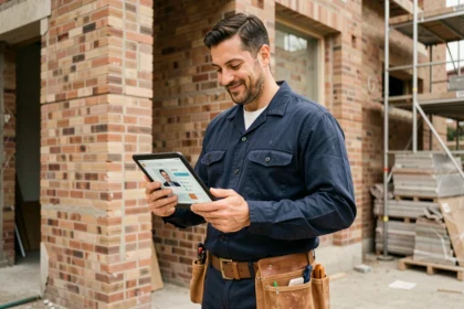 Artisan du bâtiment consultant son profil professionnel sur tablette devant un chantier de rénovation