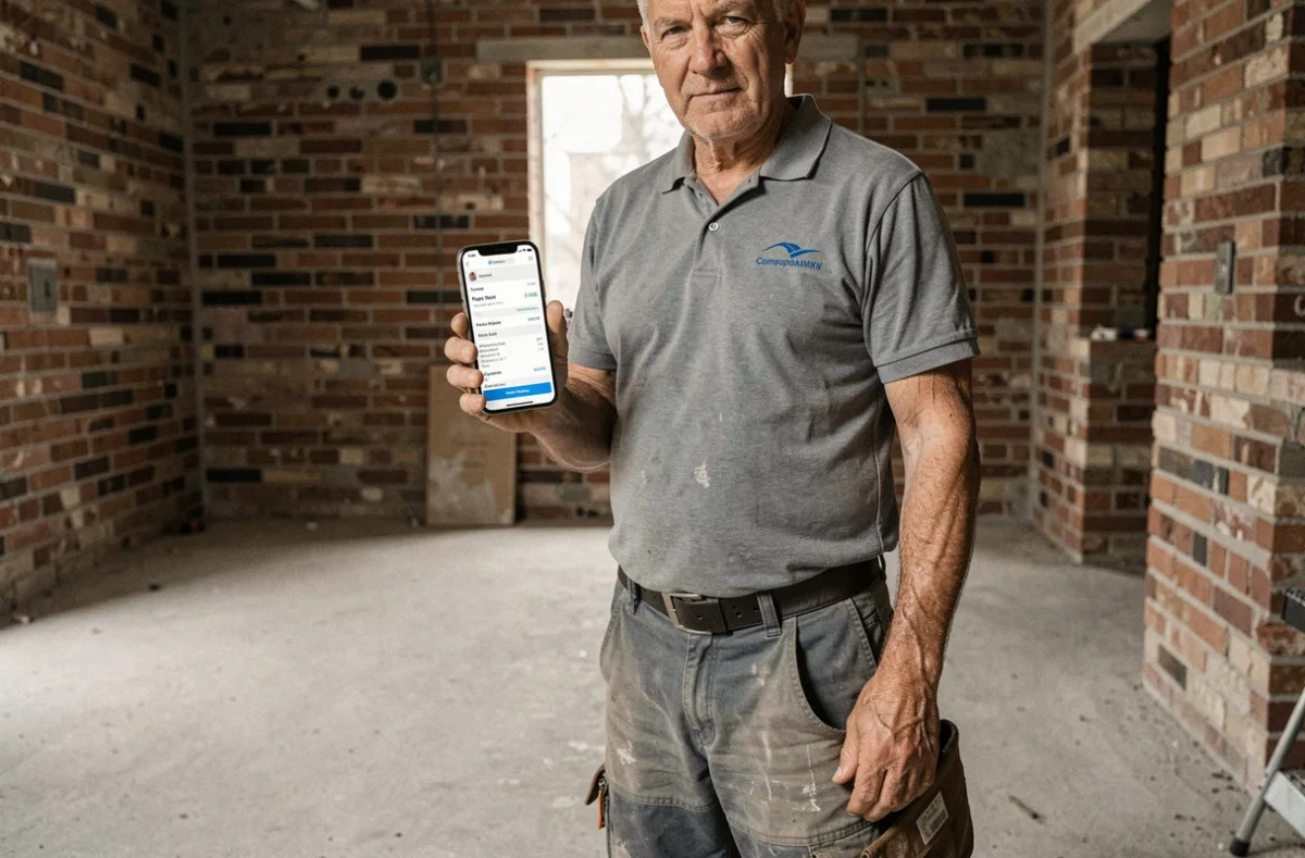 Électricien indépendant consultant une simulation de fiche de paie sur smartphone dans un chantier de rénovation