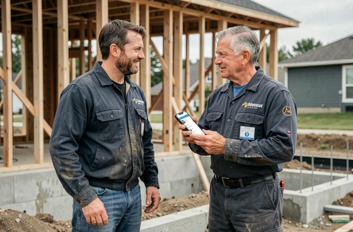 Deux artisans du bâtiment échangeant sur une application de mise en relation professionnelle devant une maison en construction