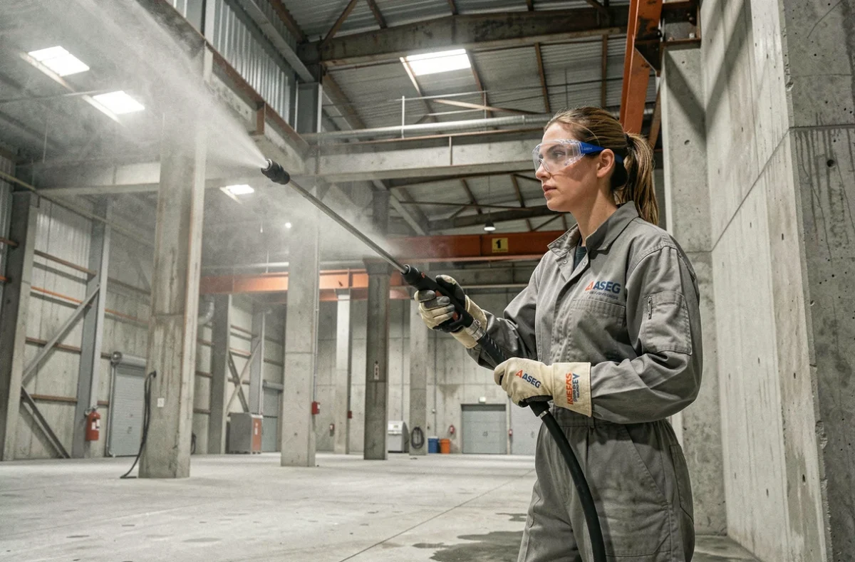 Technicienne ASEG en équipement de protection réalisant un nettoyage industriel haute pression dans une grande usine