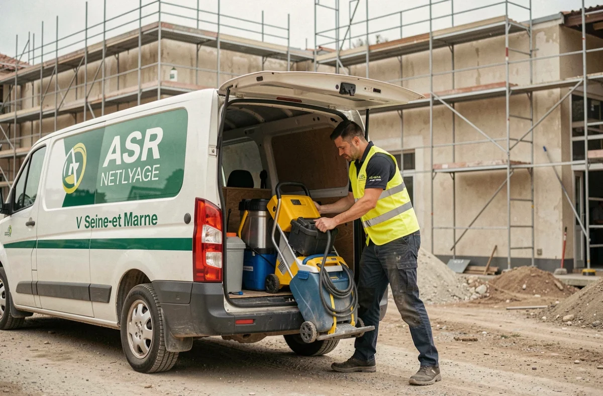 Technicien ASR Nettoyage déchargeant rapidement son matériel d'un véhicule utilitaire devant un chantier commercial