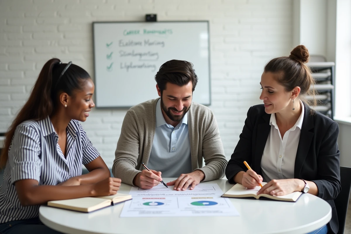 Groupe de participants à un atelier de reconversion professionnelle autour d'une table, discutant d'un plan de carrière imprimé