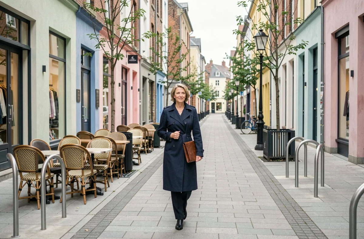 Femme professionnelle traversant une avenue commerciale rénovée dans un quartier transformé par une association de développement