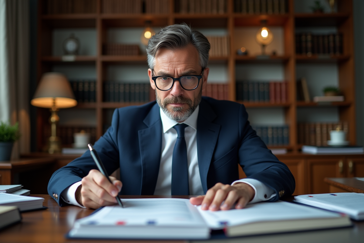 Avocat français lisant un dossier juridique au bureau