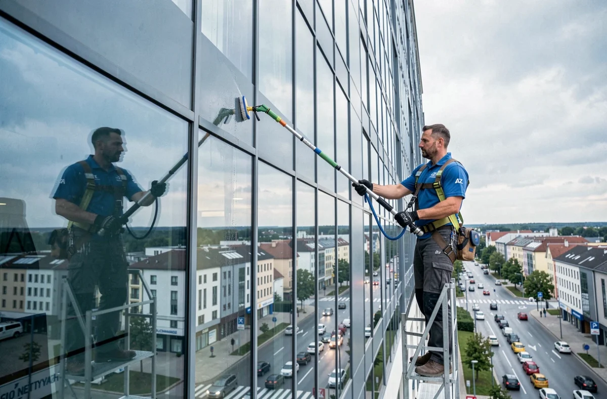 Technicien AZ Nettoyage nettoyant la façade vitrée d'un immeuble commercial avec une perche télescopique alimentée en eau