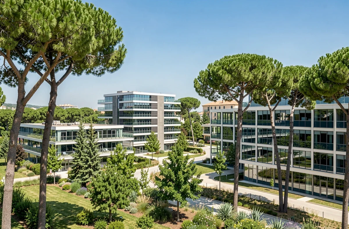 Bâtiments de bureaux entourés de verdure sur une technopole du sud