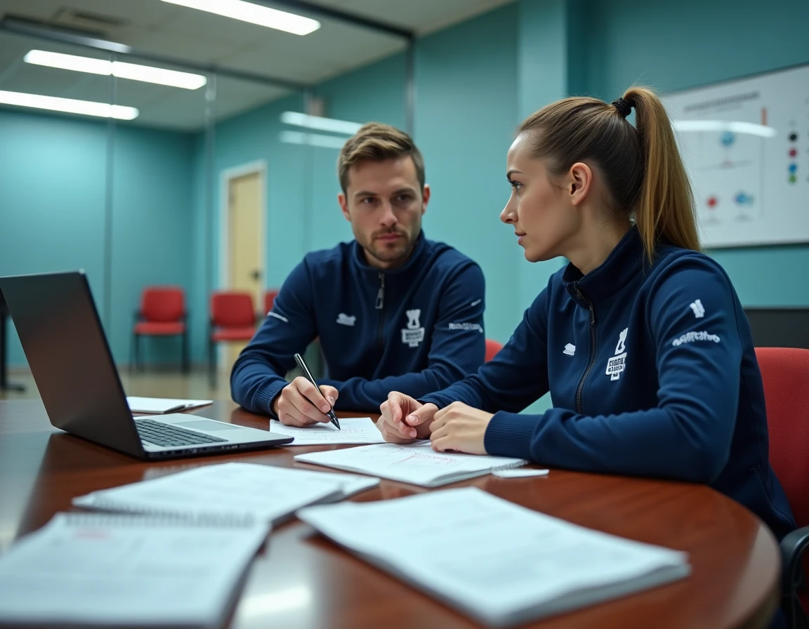 Deux bénévoles de club sportif collaborant sur la gestion administrative avec un extranet fédéral lors d'une réunion