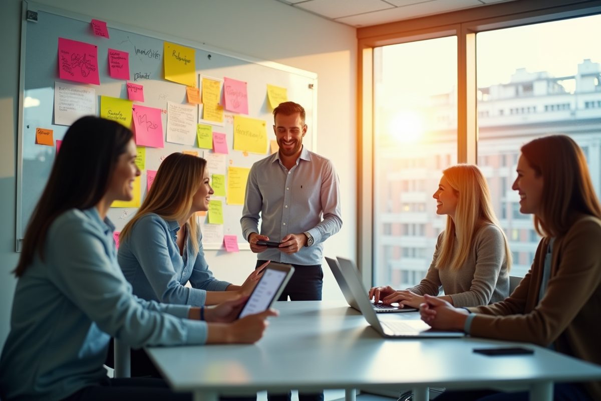Equipe créative en réunion avec notes colorées et graphiques marketing