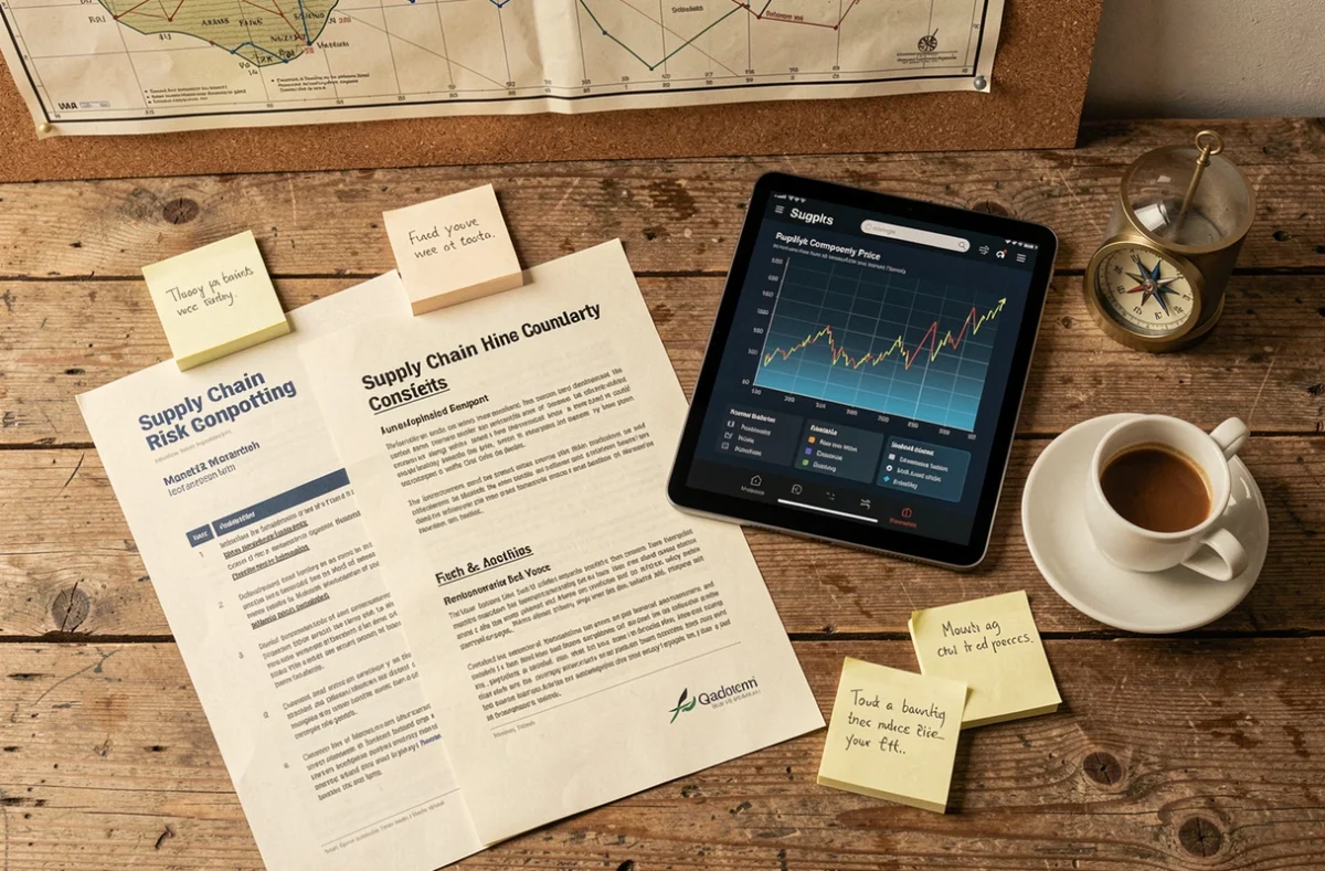 Vue aérienne d'un bureau de consultant maritime avec rapports de risques sectoriels, graphiques de cours des matières premières et documents d'analyse de l'industrie nautique