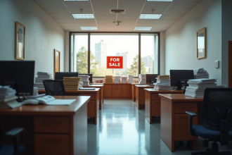 Bureau d'entreprise vide avec panneau vente et lumière naturelle