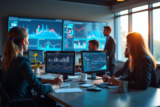 Espace de travail moderne avec professionnels du marketing analysant des données