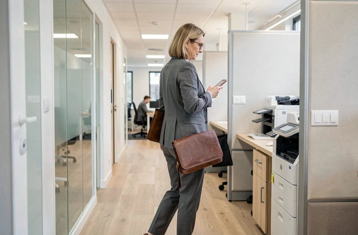 BURO Club à Mundolsheim, espace de coworking professionnel avec une femme d'affaires traversant un open-space moderne et bien équipé