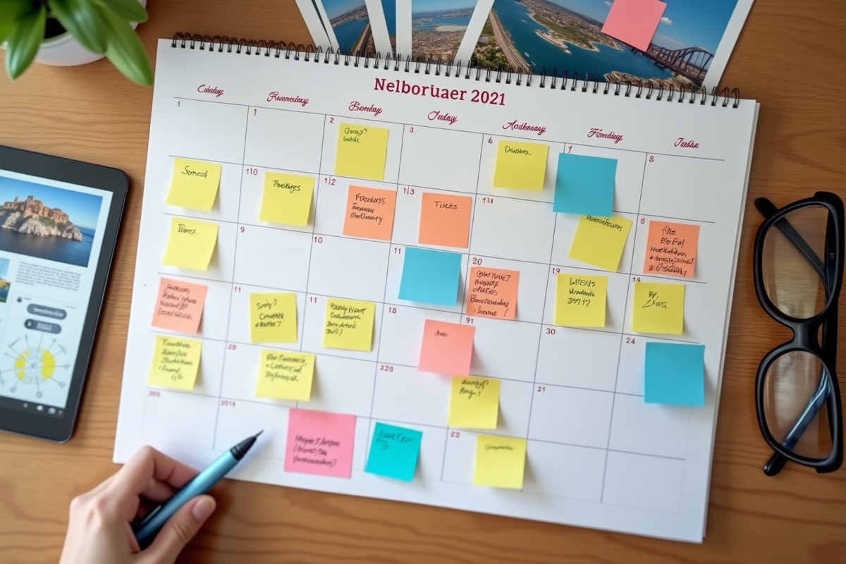 Calendrier coloré avec notes et brochures de voyage sur une table en bois