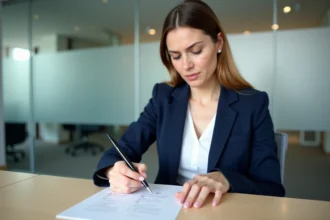 Femme professionnelle concentrée remplissant un test d'évaluation cognitive PI en entreprise