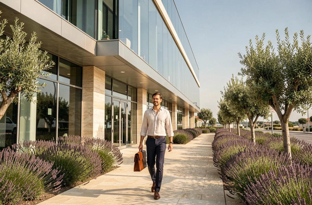 Entrepreneur se dirigeant vers un centre d'affaires moderne à Sophia Antipolis pour domicilier son entreprise