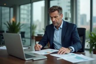 Chef d'entreprise analysant des documents financiers liés à la cession de commerce et au calcul de la plus-value