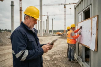 Chef de chantier BTP consultant une tablette numérique pour gérer sous-traitants et co-traitants sur un chantier de construction