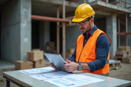 Chef de chantier analysant les coûts et marges sur tablette et documents imprimés sur un chantier BTP