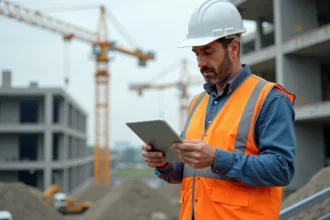 Chef de chantier avec tablette sur site de construction