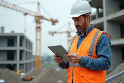 Chef de chantier avec tablette sur site de construction