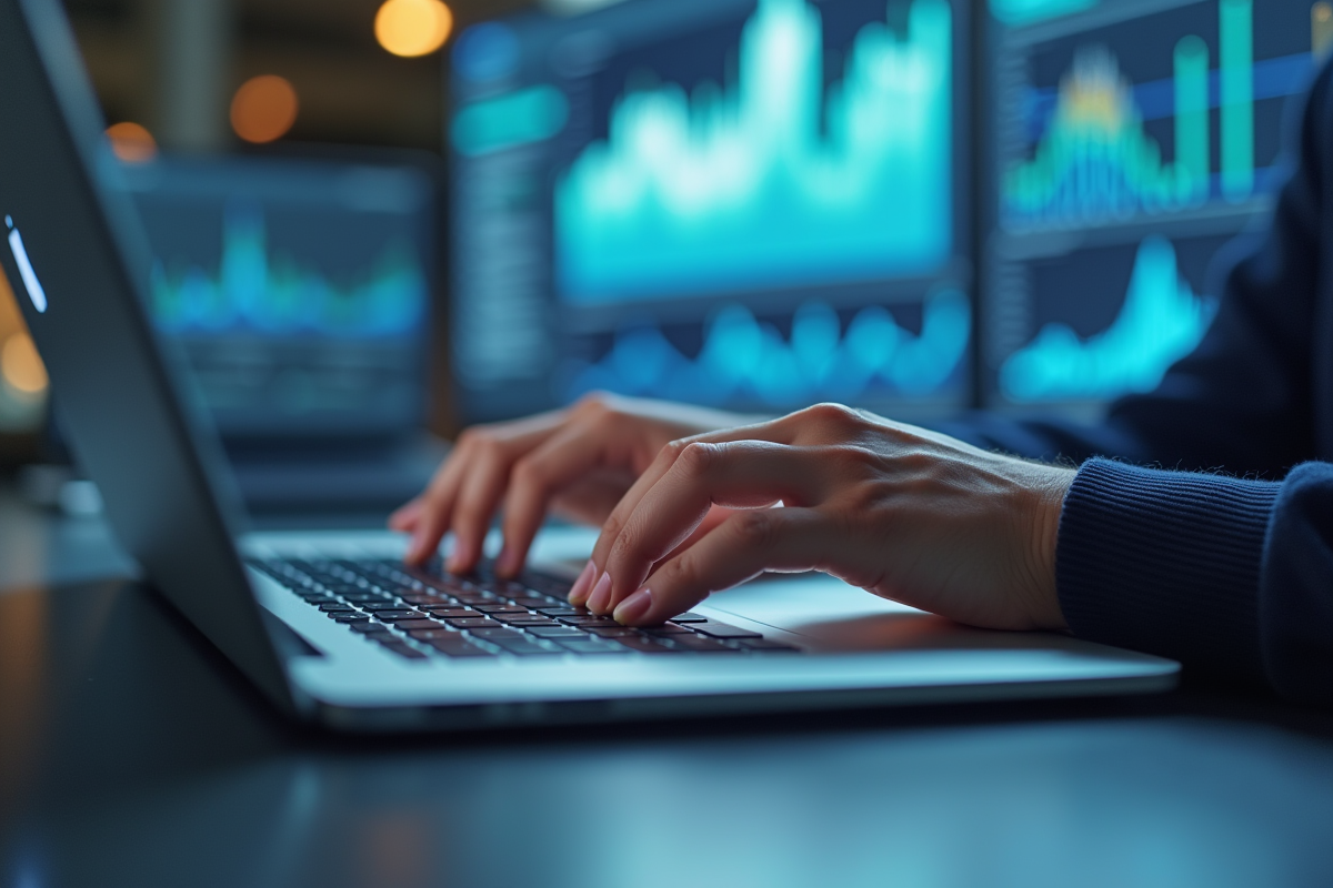 Mains tapant sur un clavier avec graphiques en arrière-plan