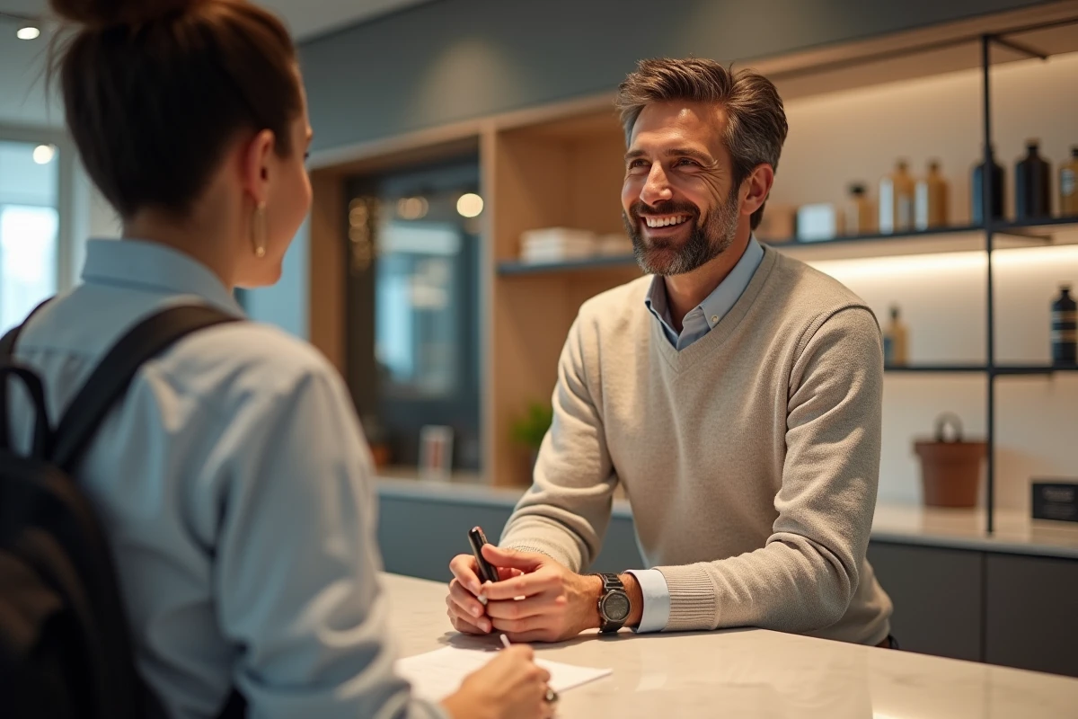 Client casual discute avec un agent dans une boutique
