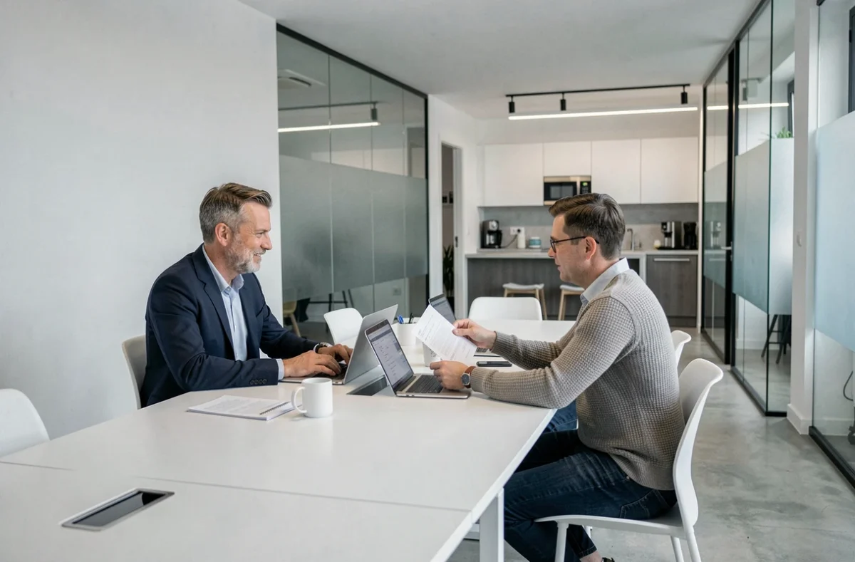 Espace de travail Cobalt Coworking à Oberhausbergen avec deux professionnels en réunion informelle dans un bureau moderne et épuré