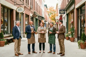 Groupe de commerçants locaux réunis dans un quartier commercial revitalisé grâce à une business improvement association