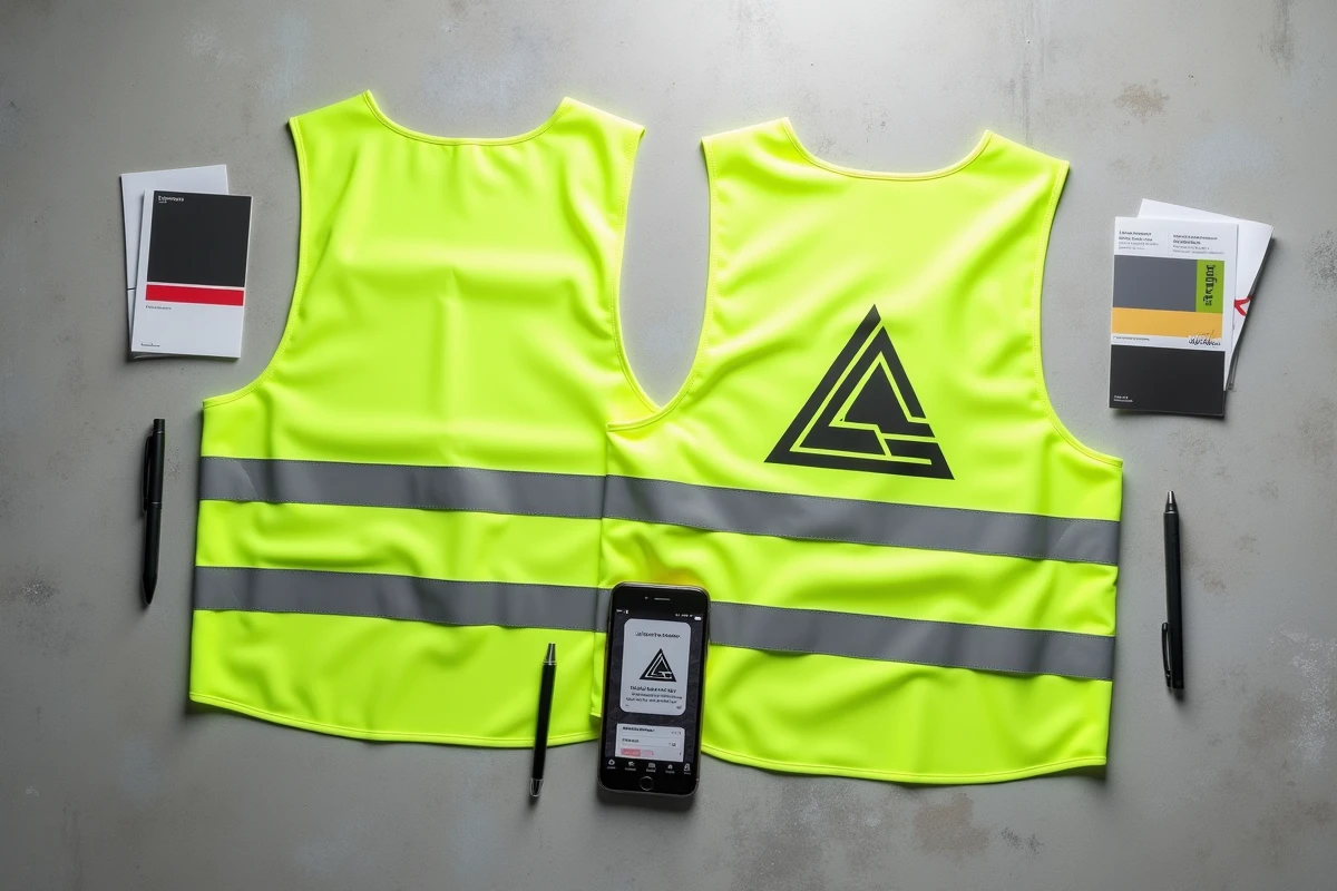 Vue aérienne de deux gilets fluo verts personnalisés avec différents designs posés à plat avec un smartphone et des références couleur