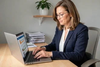 Femme professionnelle utilisant FranceConnect pour se connecter à l'Urssaf sur un ordinateur portable dans un bureau à domicile