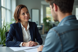 Conseiller Pôle emploi écoutant un jeune homme en entretien