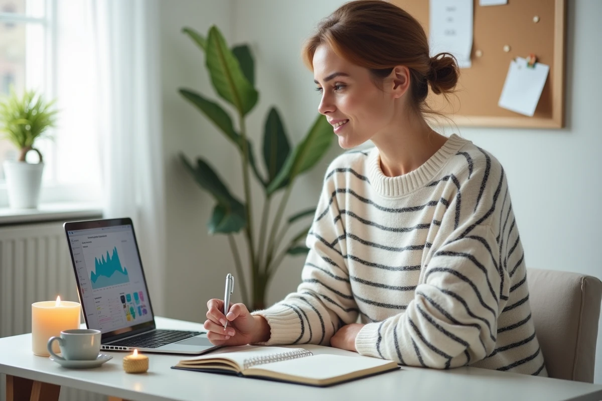 Conseillère PartyLite travaillant sur son activité indépendante depuis son bureau à domicile avec son ordinateur portable