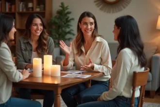 Nouvelle conseillère PartyLite présentant des bougies décoratives à des clientes lors d'une réunion à domicile