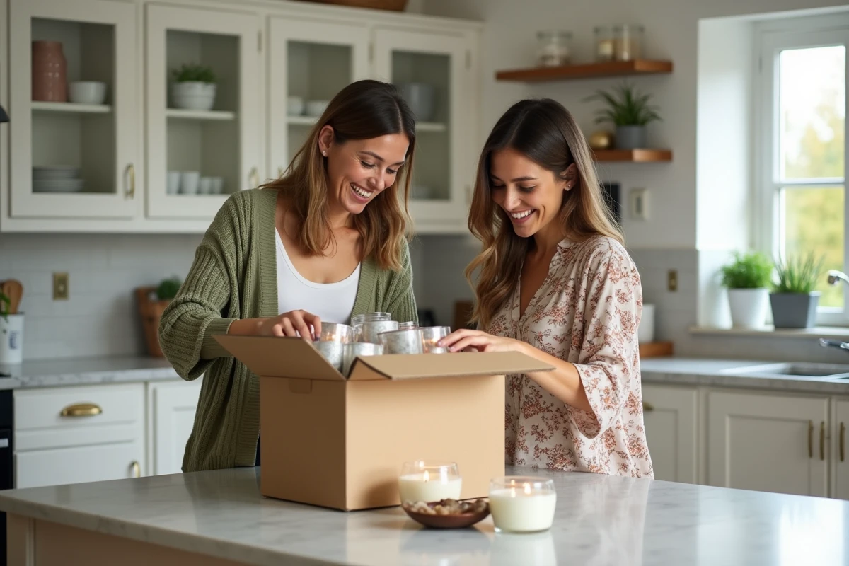 Deux conseillères PartyLite déballant des produits de bougies décoratives livrés dans leur cuisine moderne
