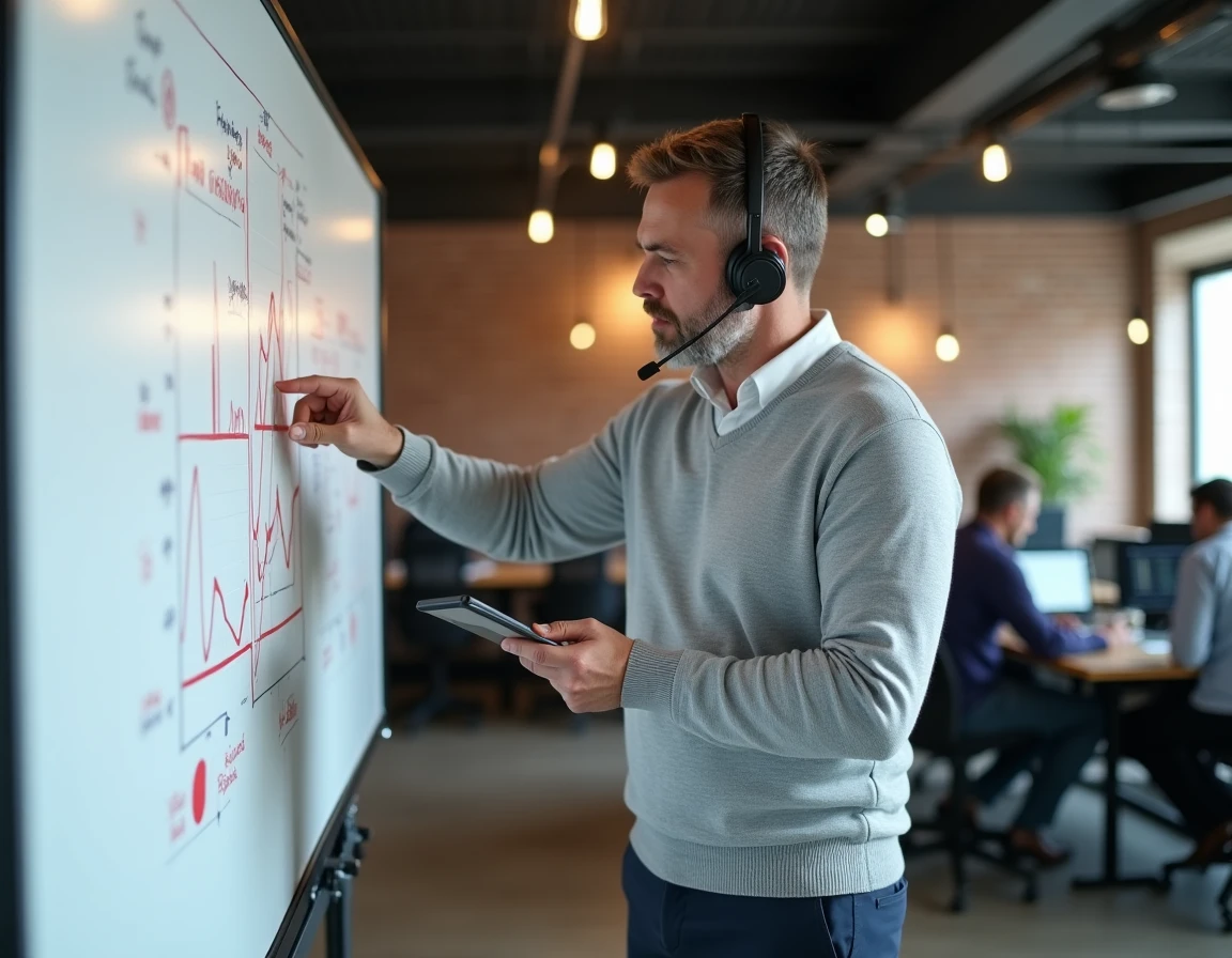 Consultant en accompagnement marketing expliquant une stratégie de performance digitale sur tableau blanc en espace de co-working