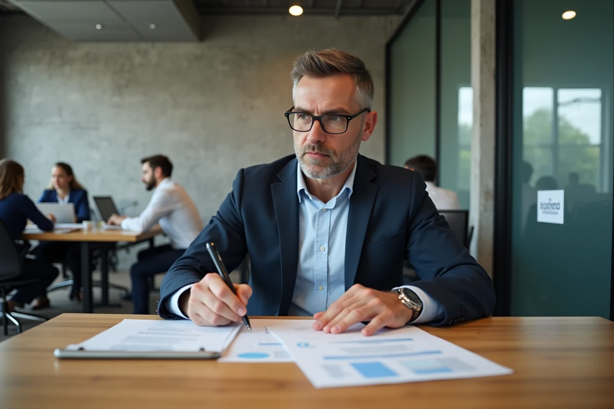 Consultant indépendant en espace de coworking analysant des documents pour développer son réseau de partenaires B2B