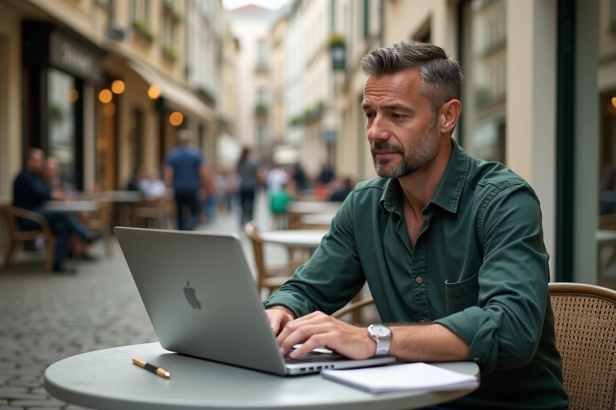 Consultant SEO indépendant travaillant sur une stratégie de référencement naturel en terrasse de café à Rennes